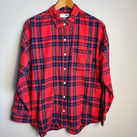 Old Navy Women's Large Red Plaid BOYFRIEND Button‎ Up Flannel Shirt Casual Relax - Picture 1 of 16